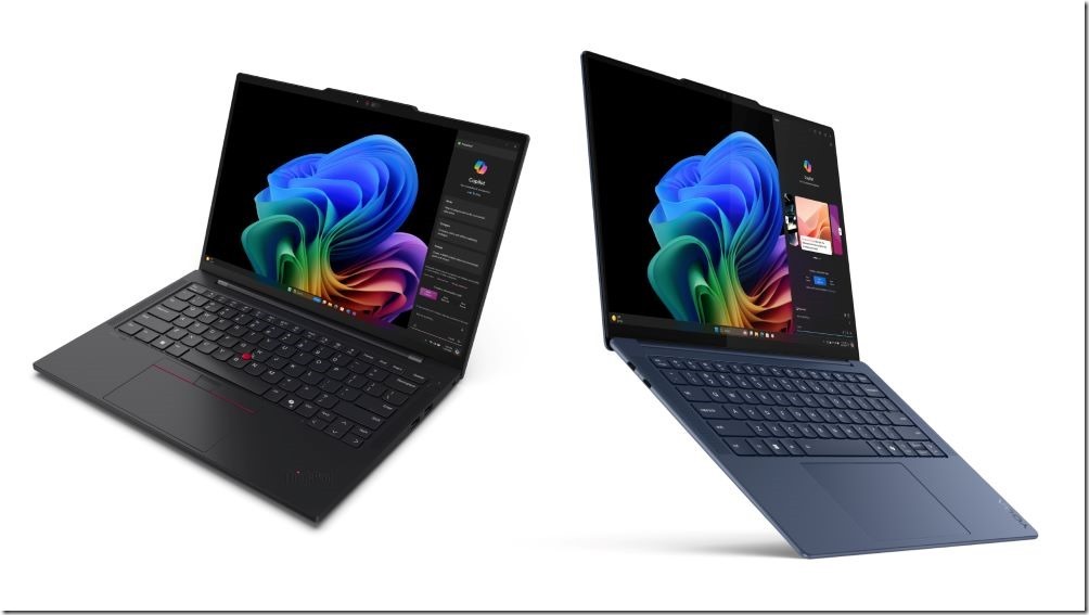 【新聞照片1】Lenovo推出全新Copilot AI 筆電，打造全新PC互動體驗。圖為ThinkPad T14s Gen 6(左)、Yoga Slim 7x(右)