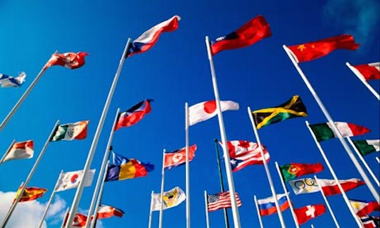 Various national flags flying