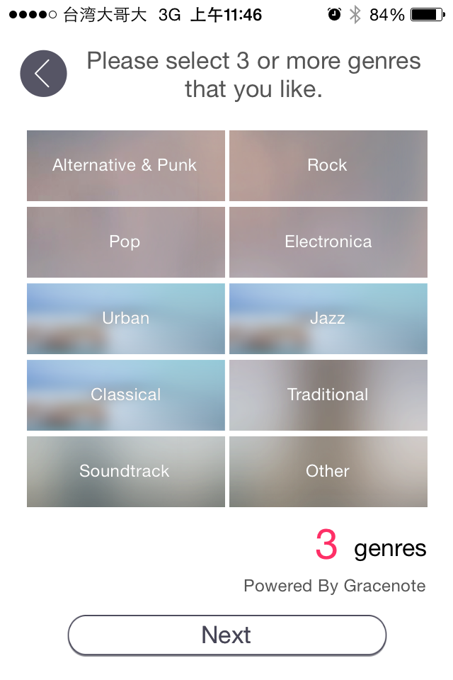 可透過MUSIC flow app選擇三種以上個人喜好音樂類型，完成後MUSIC flow P7將為為消費者主動推薦適合的音樂。