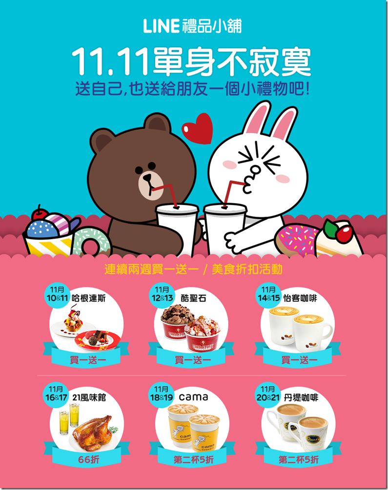 【圖一】LINE禮品小舖推出1111告別單身祭，推出買一送一或第二件半價的優惠