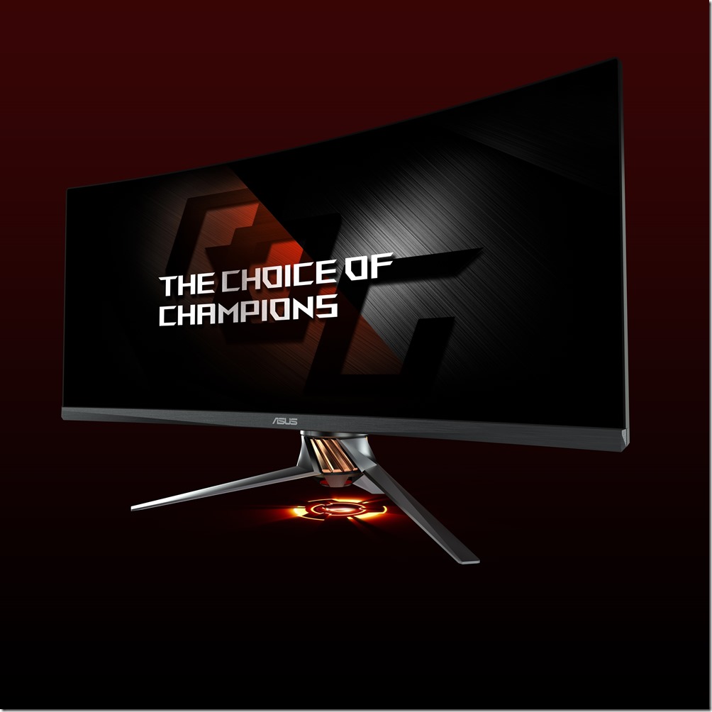 華碩曲面螢幕PG348Q腳座內建LED燈光效果，開啟即可投射出銳利的ROG電競之眼，為遊戲增添氣氛