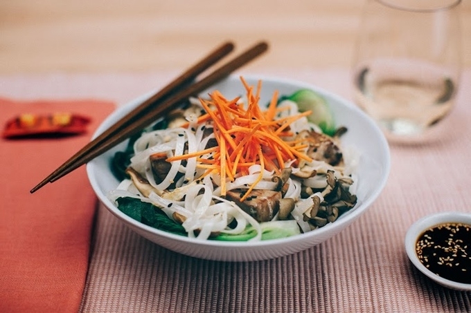 Braised Ginger-Marinated Pork with Rice Noodles and Mixed Vegetables