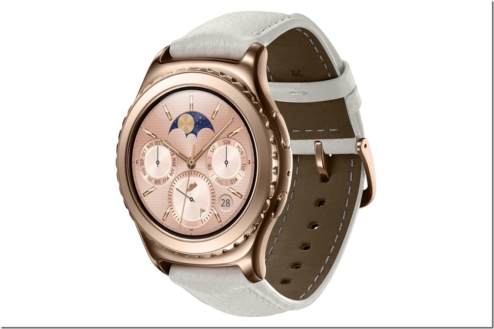 Gear S2 Classic18k 玫瑰金錶芯搭配象牙色真皮錶帶