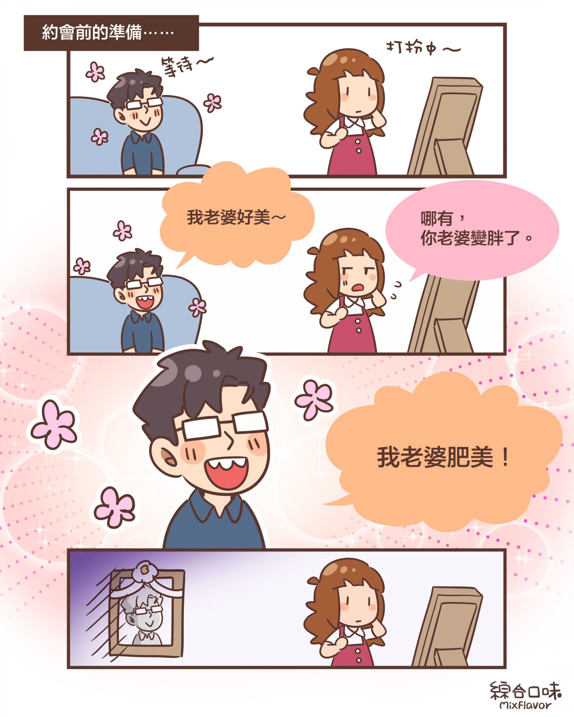 約會前的準備⋯⋯等待～打扮中～我老婆好美～哪有， 你老婆變胖了。我老婆肥美！