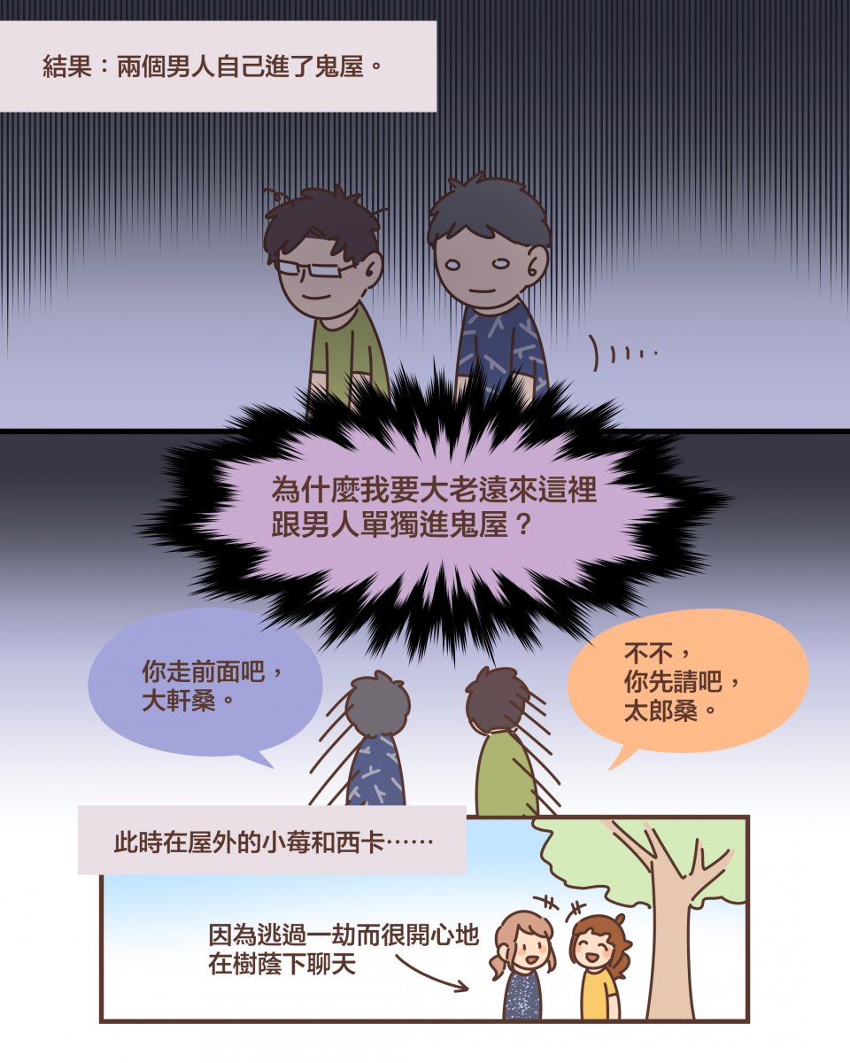結果：兩個男人自己進了鬼屋。為什麼我要大老遠來這裡 跟男人單獨進鬼屋？你走前面吧， 大軒桑。不不， 你先請吧， 太郎桑。此時在屋外的小莓和西卡⋯⋯因為逃過一劫而很開心地 在樹蔭下聊天