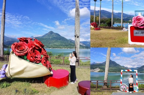 嘉義大埔景點｜草皮上有超浪漫巨型玫瑰花的「大埔旅遊資訊站」整個紅花園充滿粉紅泡泡！把曾文水庫美景收藏起來！