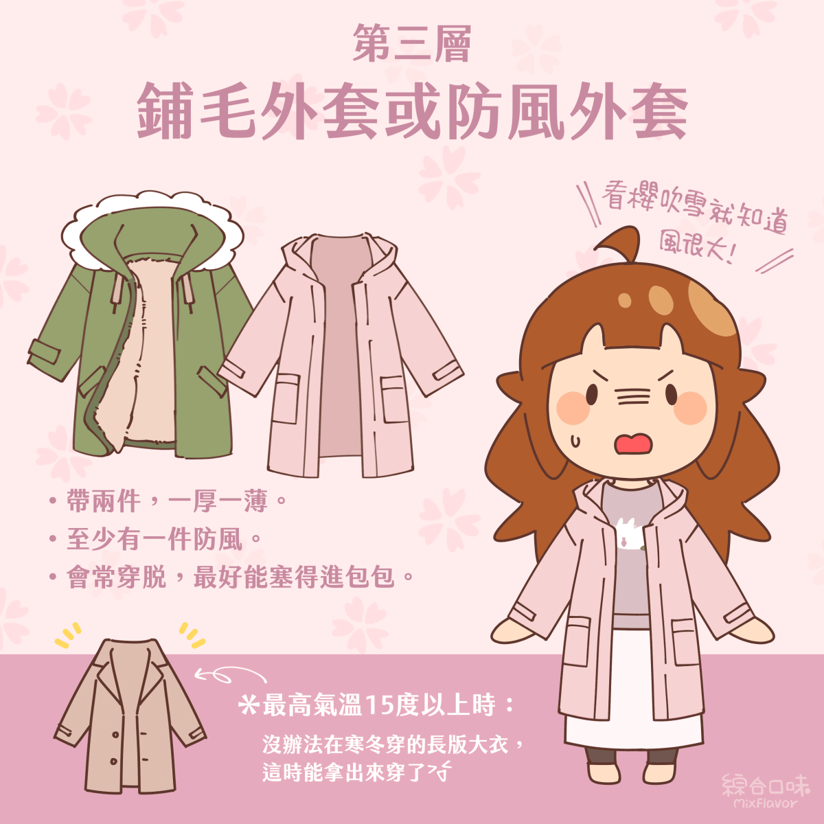 第三層 鋪毛外套或防風外套 看櫻吹雪就知道風很大！ •帶兩件，一厚一薄。 。至少有一件防風。 •會常穿脱，最好能塞得進包包。 *最高氣溫15度以上時： 沒辦法在寒冬穿的長版大衣，這時能拿出來穿了