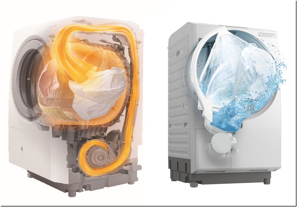 【新聞圖片3】「15KG高階滾筒洗脫烘(BD-SX150JJ)」使用「熱泵式乾衣技術 (左)」高速烘乾並撫平衣物皺褶,並採用「尼加拉飛瀑洗淨2.0科技 (右)」,達到深層潔淨。 【新聞圖片3】「15KG高階滾筒洗脫烘(BD-SX150JJ)」使用「熱泵式乾衣技術 (左)」高速烘乾並撫平衣物皺褶,並採用「尼加拉飛瀑洗淨2.0科技 (右)」,達到深層潔淨。
