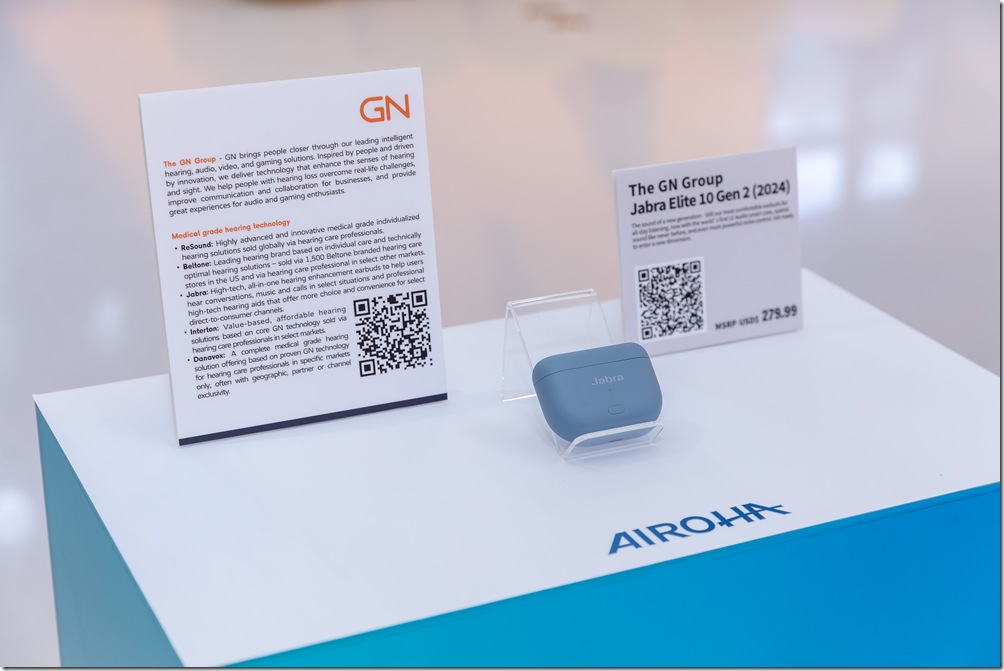 達發科技記者會中展出全球五大助聽器大廠之一的丹麥 GN 集團旗下 Jabra 2024 年最新款 Elite 10 Gen 2，展現將 TWS 與 ANC 整合之 SoC 最佳能效