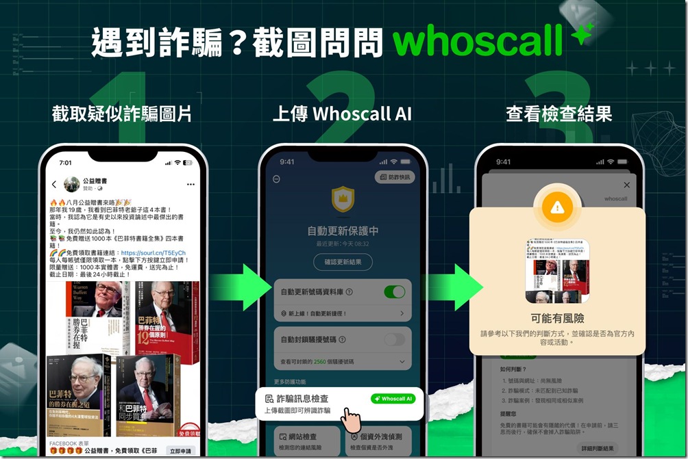 圖四_上傳截圖至 Whoscall 的 AI 功能詐騙訊息檢查，透過比對詐騙資料庫或類似詐騙模式，快速檢查可疑的簡訊、網址或電話