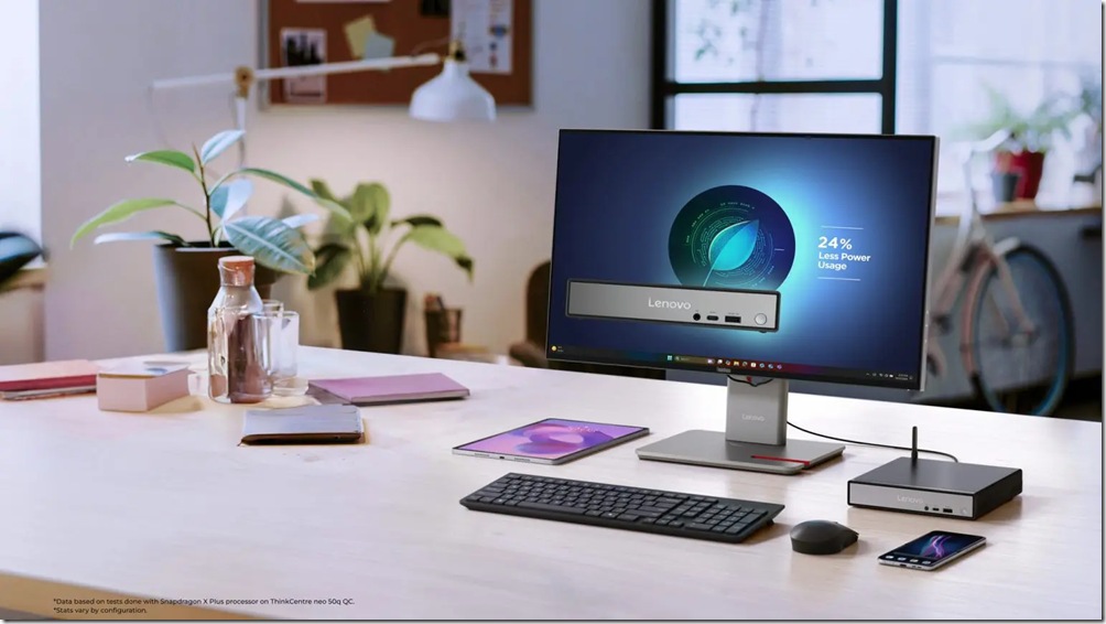 【新聞照片5】全球首款內建Snapdragon X系列的商用桌上型電腦ThinkCentre neo 50q QC，以 1 公升的迷你規格實現 AI 驅動的工作流程，提供卓越的多工生產力