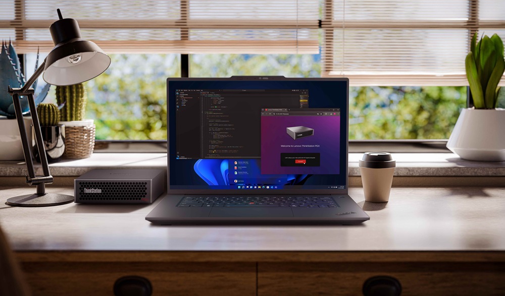 【新聞照片03】ThinkStation PGX（圖左）與 ThinkPad P1（圖右）。PGX 內建 NVIDIA DGX OS 與 NVIDIA AI 軟體堆疊，可直接進行大型模型開發並無縫部署至資料中心或雲端。