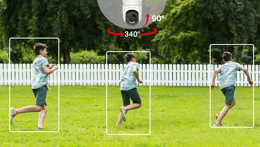 MC510 戶外全彩旋轉式 Wi-Fi 攝影機清晰 2K QHD 畫質，搭配 360° 全景視野，輕鬆掌握大門、庭院、車庫甚至透天騎樓的每個角落。