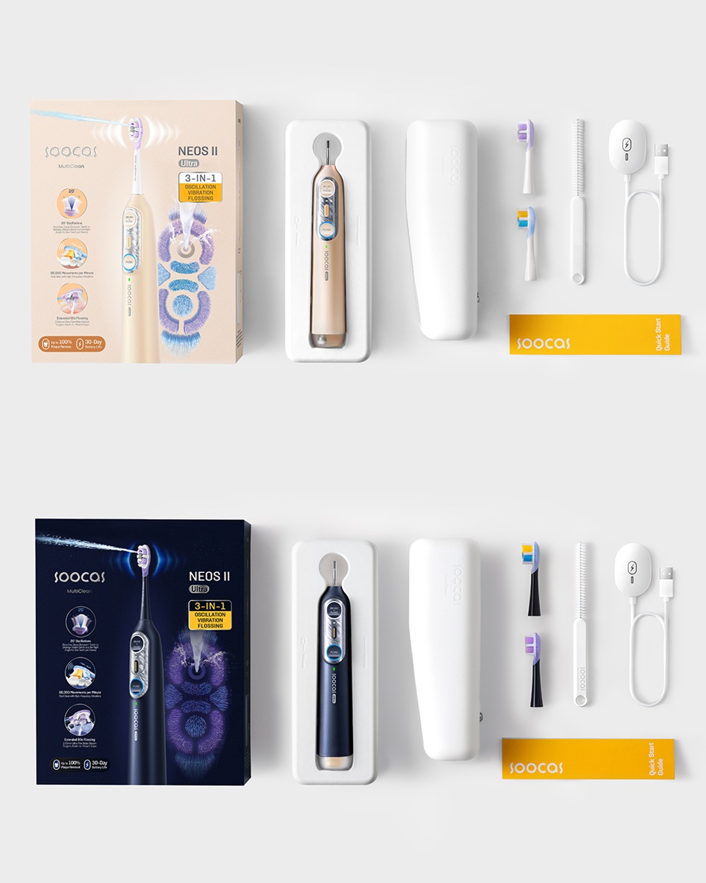Soocas NEOS II Ultra 全效沖牙音波電動牙刷 全系列主打全球首創「同步刷沖」科技，將「刷牙＋沖牙」整合於同一支裝置中