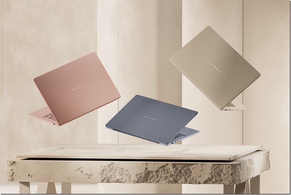 ASUS Zenbook 14從自然景致汲取配色靈感，珊瑚粉細膩柔和、極地藍清透沉靜、沙暮金流露含蓄暖意，以低飽和柔霧表面和諧視覺，淬鍊出優雅質感。