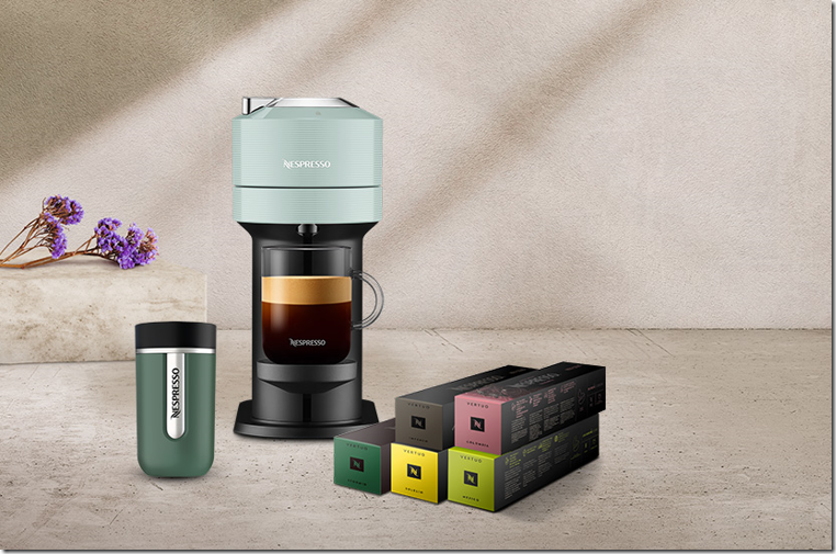【新聞圖片三】Nespresso Vertuo Next咖啡機搭配50顆晨間美式膠囊、Nomad湖水綠隨行杯，享限定69折優惠，用創新美式咖啡開啟充滿活力的美好日子。