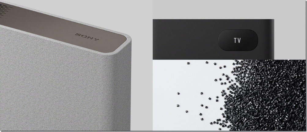 圖 10) HT-A9M2 除了採取零塑料的包材大幅降低對地球環境的衝擊，在整體機身也特別開發可保有高音質的獨特回收塑料，同時兼具了優異的產品性能與質感設計。